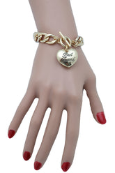 Women Bangle Bracelet Gold Metal Chain Heart Charm Best Friend Love